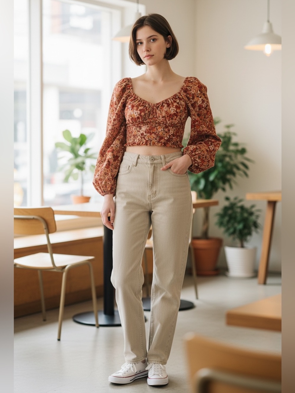 NEW Japna Red Multicolor Floral Print Long Sleeve Pullover Crop Top Size L